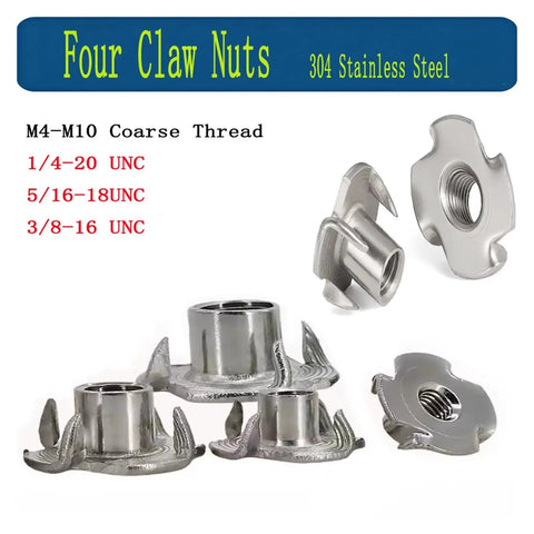 Beefy Four Claw Stainless Steel T Nuts Knock In Captive Nut Inserts For Wood And Speaker Enclosures, 5/16-18 UNC, 304 Stainless