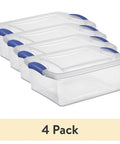 Four Pack 15 Quart Storage Bins With Hella Sturdy Snap Tops And Crystal Clear Lids Stackable Plastic Totes, transparent with blue latches.