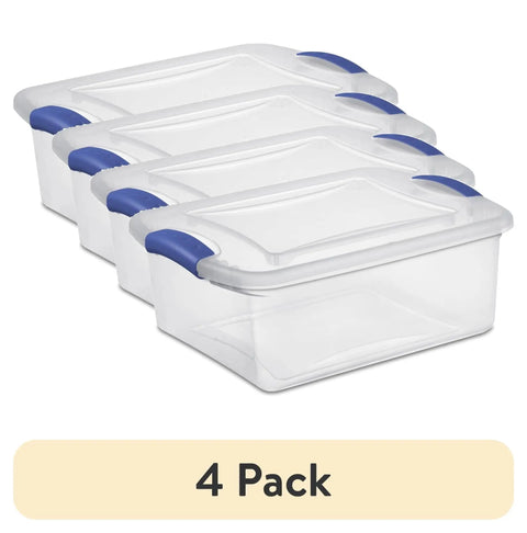 Four Pack 15 Quart Storage Bins With Hella Sturdy Snap Tops And Crystal Clear Lids Stackable Plastic Totes, transparent with blue latches.