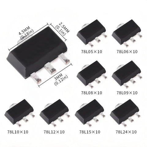 80Pcs SMD Voltage Regulator Transistors Kit with Eight Values 78L05 to 78L24 LDO Regulators in SOT-89 for DIY Electronics