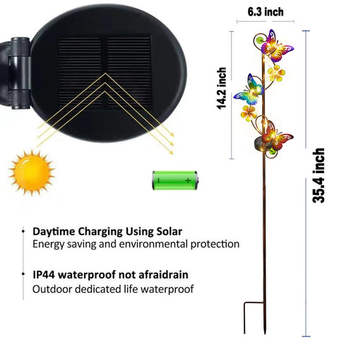 Solar Butterfly Garden Lights 2 Pack Outdoor Stake Decor With Waterproof Metal Butterflies And Flowers, LED String Lights Details