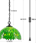 Tiffany Style Pendant Light Plug In With Green Wisteria Stained Glass 12 Inch Hanging Lamp with 59 inch chain and 15 ft cord