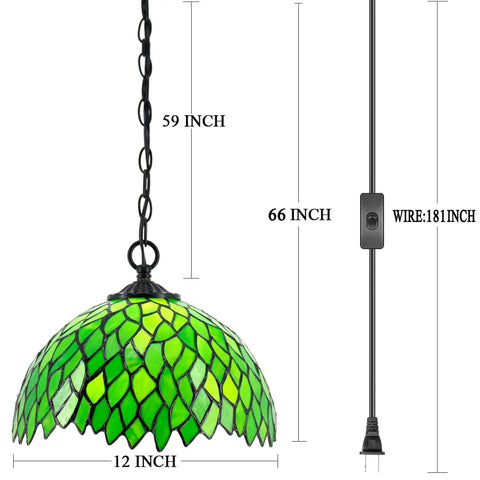 Tiffany Style Pendant Light Plug In With Green Wisteria Stained Glass 12 Inch Hanging Lamp with 59 inch chain and 15 ft cord