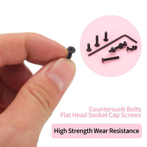 Top Shelf M2.5 Metric Screw Assortment Kit Featuring 1110 Pieces Of Black Countersunk Hex Socket Cap Bolts And Nuts Set With Washers And Wrench Built Tough For Anything, held in hand.