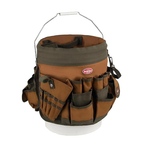 Five Gallon Bucket Canvas Tool Organizer With 56 Pockets 40 Outside 18 Inside Interior Loops in Brown and Green Poly Ripstop