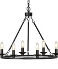 Solid Black Farmhouse Chandelier Fire Wagon Wheel Pendant Light Top Shelf Six Light Ceiling Fixture featuring 6 bulb holders.