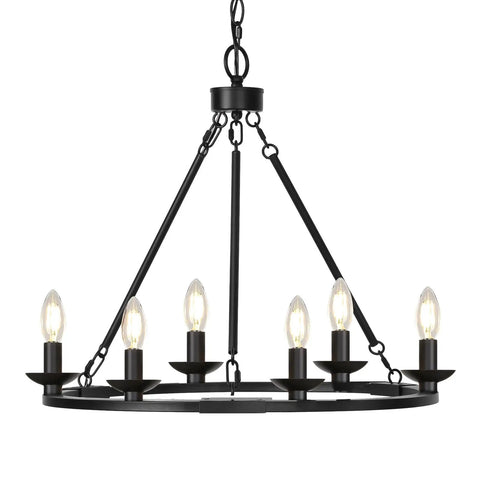 Solid Black Farmhouse Chandelier Fire Wagon Wheel Pendant Light Top Shelf Six Light Ceiling Fixture featuring 6 bulb holders.