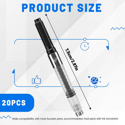 Universal Fountain Pen Ink Converters 20 Pack Screw In Style Smooth Refillable Cartridges For Standard 2.6mm Nibs, 7.3cm design.