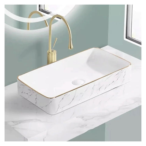 USZWBY Vessel Sinks Nordic Light Luxury Modern Above-Ground Basin Household Wash Single Bathroom Balcony Ceramic Bathroom Bowl Sink on marble surface with gold faucet.