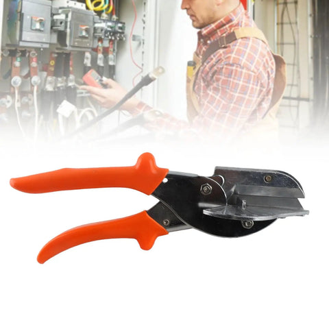 Five Degree Corner Line Sealing Scissors in front of electrician using tools, ergonomic handle, precision five degree angle shears.