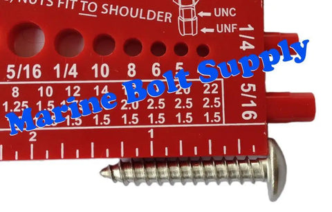 Red Marine-Grade Nut Bolt And Screw Gauge with standard metric sizes overlaid with silver screw