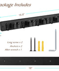 Wall Mount Mop And Broom Holder With Four Slots And Four Hooks For Quick Easy Gear Organization in black rustic wood with screws