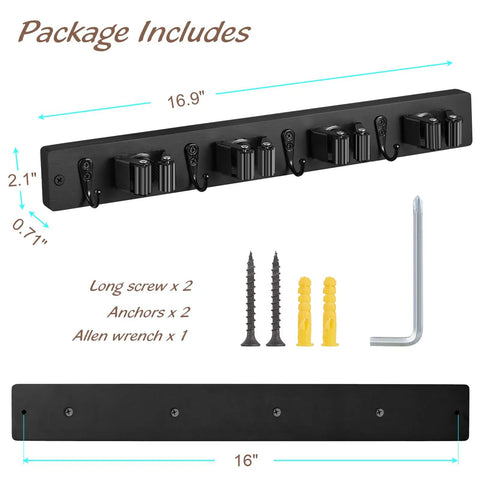 Wall Mount Mop And Broom Holder With Four Slots And Four Hooks For Quick Easy Gear Organization in black rustic wood with screws