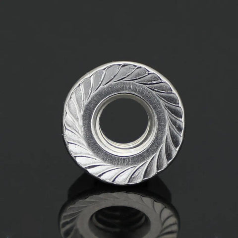 Close-up view of 10-24 Serrated Flange Hex Lock Nuts Set In Stainless Steel 18-8 304 Bright Finish showing serrated flange design.