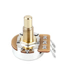Audio A250K And B250K M8 Through Hole Guitar Potentiometer with full sized solid shaft, gold metal with brown base, side view