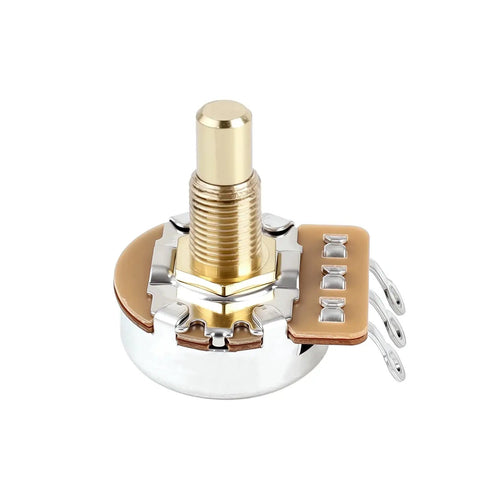 Audio A250K And B250K M8 Through Hole Guitar Potentiometer with full sized solid shaft, gold metal with brown base, side view