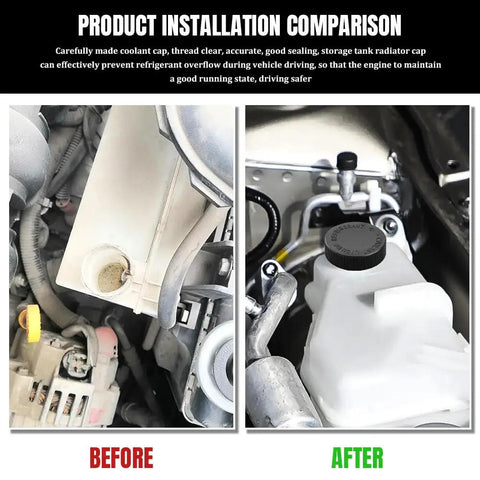 Product installation comparison, before and after, with 2 Pack Rad Coolant Reservoir Cap For Infiniti And Nissan Radiator Overflow Tank Engine Water Cooling Cap Replacement Compatible With OEM 21712-79900 Black Finish Durable Car Cooling System Cap.