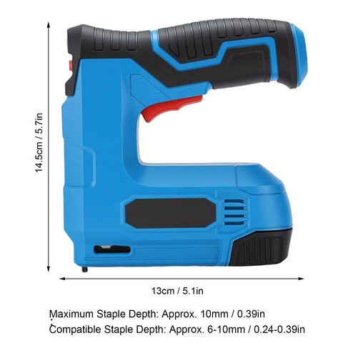 Slick Cordless Electric Brad Nailer And Staple Gun Rechargeable 2 In 1 Bottom Loading Fastening Tool side view with dimensions