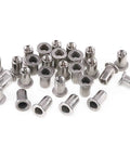Close-up of Beefy Steel Rivet Nut Kit with 50 pieces flat threaded inserts, 304 stainless steel, knurled surface, deep threads