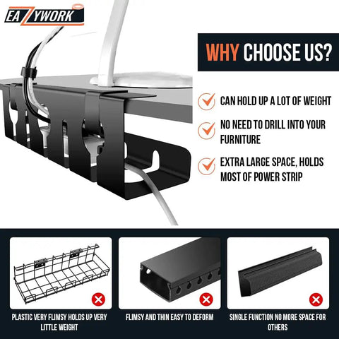 Two Pack 15.75 Inch Under Desk Cable Management Tray Set showing side view with heavy-duty wire basket and clamp installation