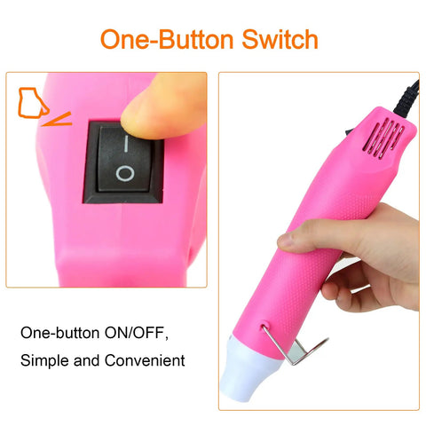 Close-up of pink Portable 300W Hot Air Gun For DIY Resin Craft And Embossing, showing one-button switch and ergonomic design.