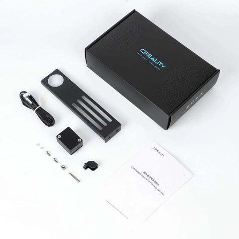 Ender 3 V3 SE And KE Filament Runout Sensor Kit With LED Light components, including sensor, wires, and user manual on display