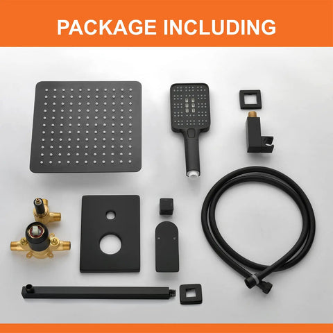 Matte Black Shower Faucet Set With 10 Inch Stainless Steel Rainfall Head, Pressure Balance Valve Cartridge, Rough in Kit