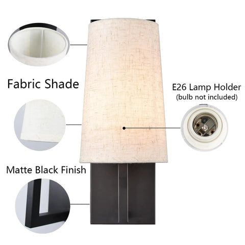 Farmhouse Black Wall Sconces Set Of Two, Modern 1 Light Hardwired Matte Black Wall Lamp With Fabric Shade, E26 base