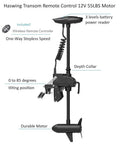 Rig Ready 12 Volt Transom Trolling Motor 55 Lbs Thrust with wireless remote and adjustable tilt, perfect for fishing boats.
