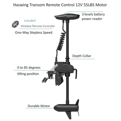 Rig Ready 12 Volt Transom Trolling Motor 55 Lbs Thrust with wireless remote and adjustable tilt, perfect for fishing boats.