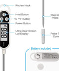 Diagram of Instant Read Meat Thermometer For Grilling And Deep Frying, showcasing buttons, screen, 6-inch probe, and battery compartment.