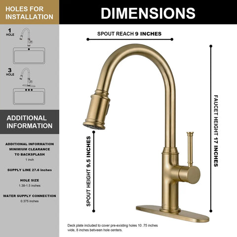 Sharp Looking Champagne Gold Kitchen Faucet With Pull Down Sprayer And Single Handle Mixer Designed For No Sweat Installation And A Classy Vibe In Your Kitchen showing dimensions and fittings.