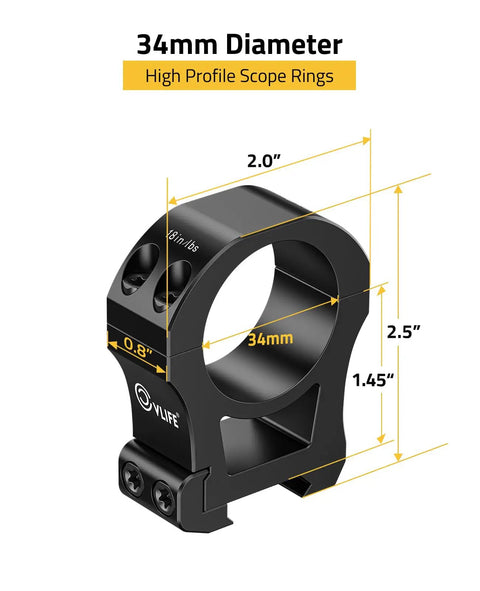 34mm Scope Rings High Profile Precision Mount For 20mm Rails See-Through Two-Piece Set Aluminum 6061-T6 CNC Machined