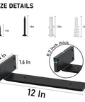 Detailed view of 12-inch solid steel heavy duty shelf bracket, black, with hardware, L-shaped supports for brick or stud walls.