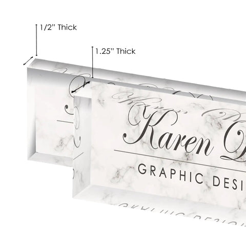 Side view of personalized desk name plate with white marble look on clear acrylic, custom engraved with name and title dimensions.