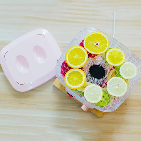 Five Layer Electric Food Dehydrator With Adjustable Shelves For Home Fruit Vegetable And Meat Jerky Drying Countertop Appliance with sliced lemons.