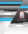 Eight Inch LED Recessed Light With Junction Box Kit Eight Pack Switchable Color Temperature On Fixture showing 2-inch ceiling space requirement