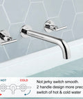 Long Reach Wall Mount Tub Filler With Two Level Handles Solid Brass High Flow Roman Tub Faucet 3 Hole Setup Rough In Valve Included Polished Chrome Built To Last mounted above a bathtub with water.
