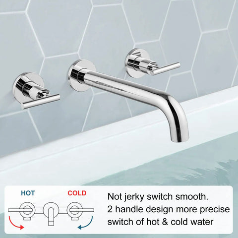 Long Reach Wall Mount Tub Filler With Two Level Handles Solid Brass High Flow Roman Tub Faucet 3 Hole Setup Rough In Valve Included Polished Chrome Built To Last mounted above a bathtub with water.