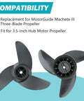Go To Three Blade Trolling Motor Propeller Replacement For Machete III 3.5 Inch Hub showing compatibility with R3 motors