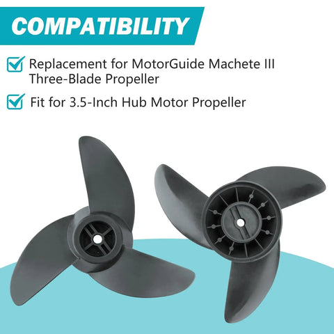 Go To Three Blade Trolling Motor Propeller Replacement For Machete III 3.5 Inch Hub showing compatibility with R3 motors