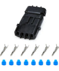 Hot Rod And Truck Weather Pack Sealed Connectors With 4 Pin Plugs In Durable Black Plastic Body For Direct OE Replacement And Easy Plug-N-Play Install To Fix Your Electrical Wiring Hurdles Fast Today. black 4-pin connector with terminals and blue seals