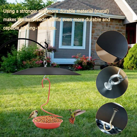 Heavy Duty 13 Inch Metal Bird Feeder Baffle Guard for outdoor hanging, weatherproof black shield keeping leaves off the feeder
