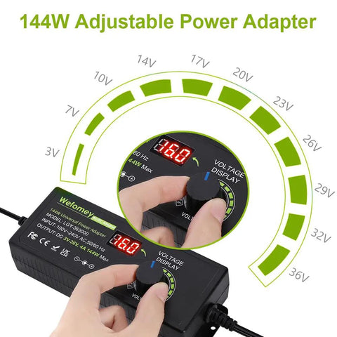 Versatile Adjustable DC Power Supply 3V To 36V 4A 144W With LCD Display 14 Tip Adapters shown with voltage control