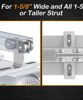 Beefy Heavy Duty 4 Wheel Trolley Assembly For 1-5/8 Inch Tall Strut Channel side view and overhead view in detail.