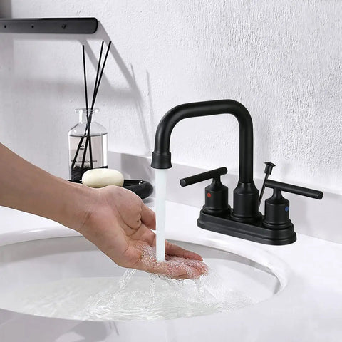Matte Black 4 Inch Centerset Bathroom Faucet With Two Handles High Arc Lavatory Sink Tap Lift Rod Drain Stopper And 360 Degree Rotation