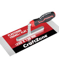 11-Inch By 5-Inch Stainless Steel Flat Finishing Trowel With Soft Grip Handle displayed on a product package