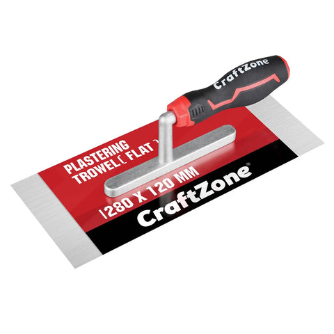 11-Inch By 5-Inch Stainless Steel Flat Finishing Trowel With Soft Grip Handle displayed on a product package