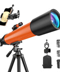 90mm Refractor Telescope For Beginners And Kids With Tripod And Phone Mount, shown in orange with accessories, ideal for stargazing.