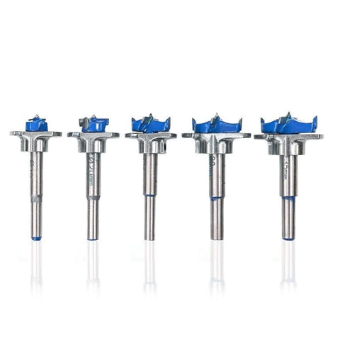 Five WZFC carbide hinge-hole drill bits with blue tips, 30mm diameter.